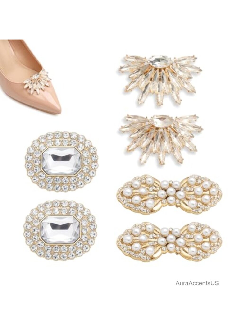 3 Pairs Silver Shoe Clips for Heels Flats - Bow Rhinestone Crystal Shoe Clips